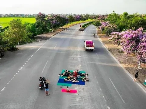 Nằm giữa đường tập yoga để chụp ảnh với hoa bằng lăng ở Thái Bình